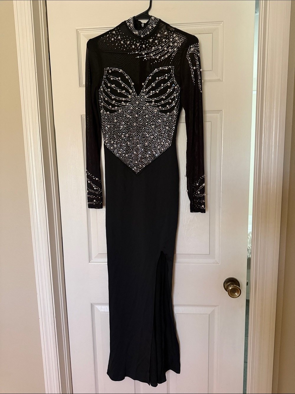 Black Embellished Long Sleeve Maxi Dress with High Neck